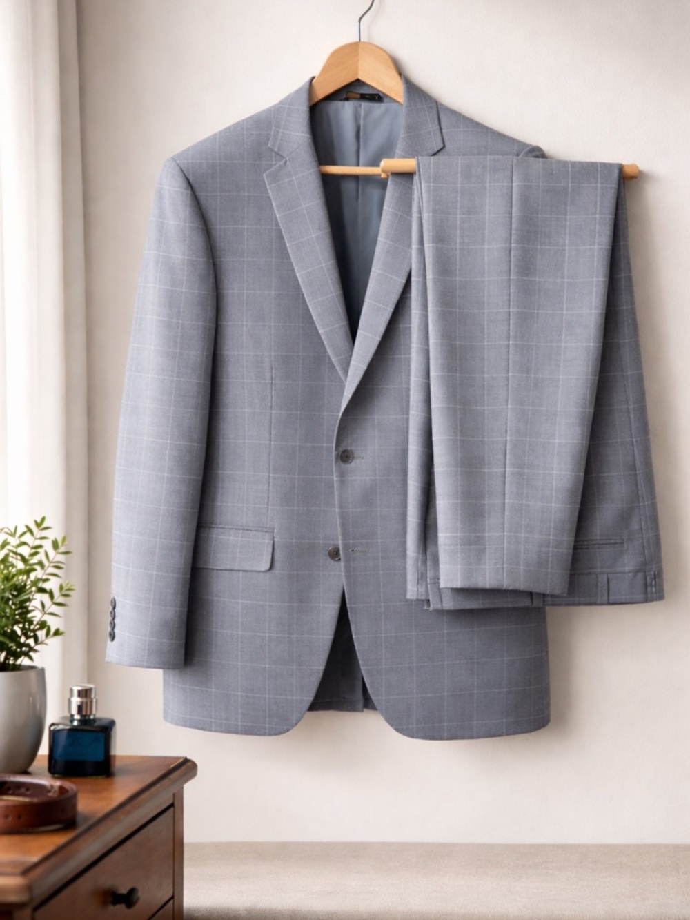 Men's Light Gray Windowpane Two-Piece Suit